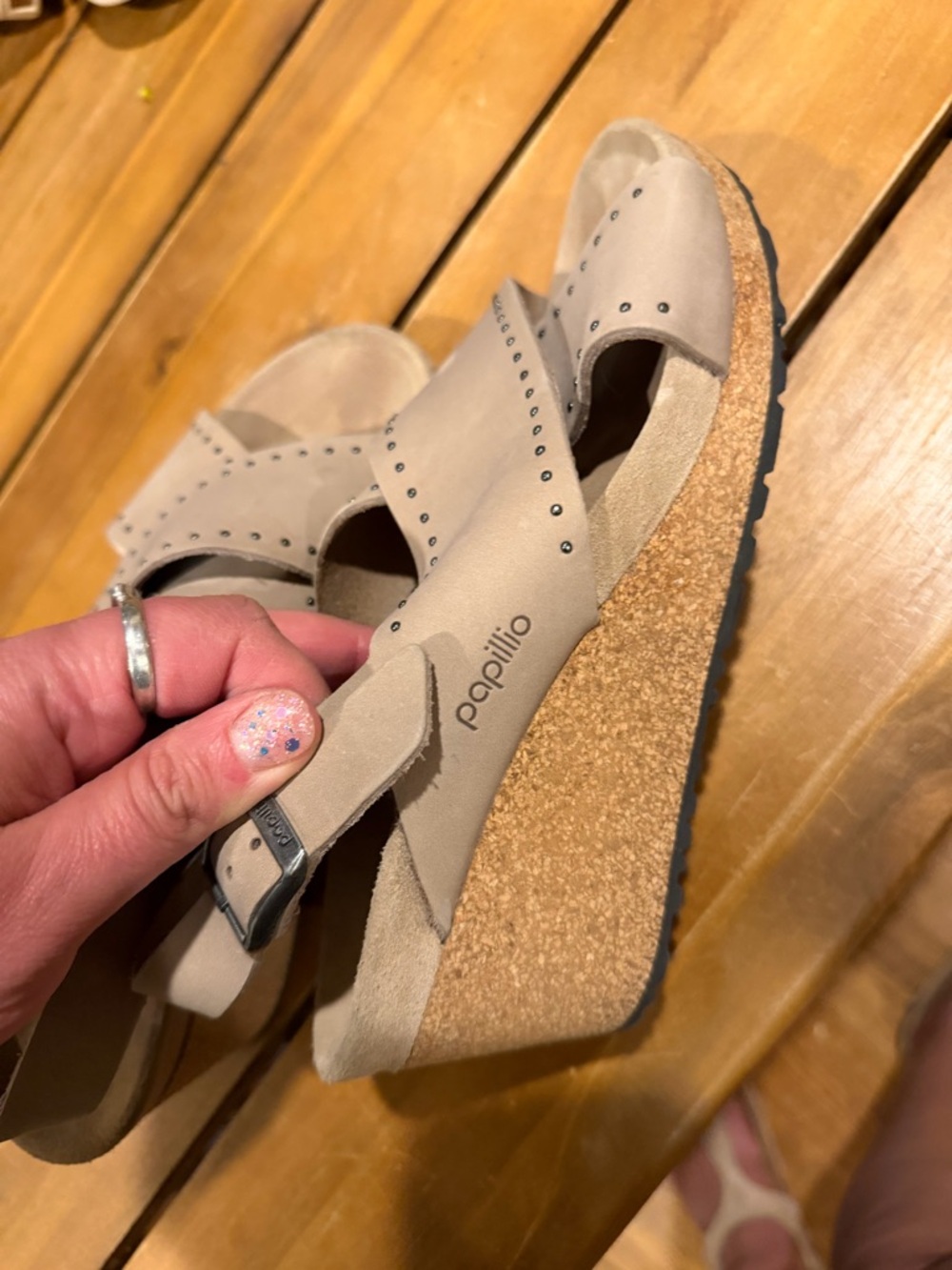 Papillio Taupe Crisscross Studded Buckle Sandals - Picture 9 of 9